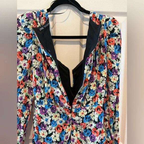 Zara Vibrant Floral Print Long Sleeve Mini Dress Ruched Skirt Design Woman Small - Picture 6 of 13